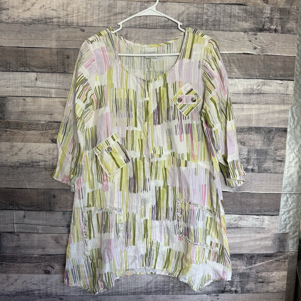Click by Color Me Cotton Abstract Print Multi-Colored Linen Tunic Blouse M USA